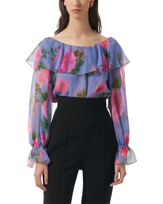 Carolina Herrera Blue Boat Neck Ruffle Silk Top