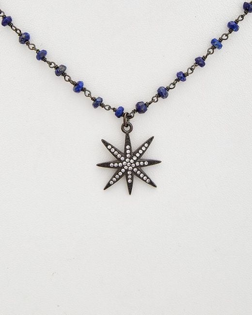 Rachel Reinhardt Jewelry White Plated Silver Blue Lapis & Cz Necklace