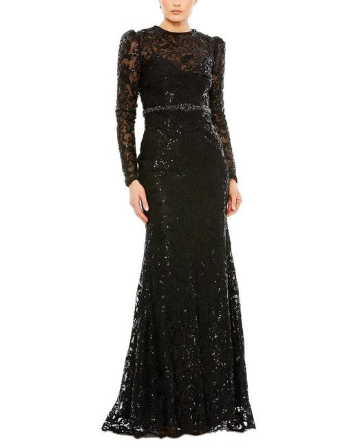 Mac Duggal Black Embellished High Neck Long Sleeve Gown
