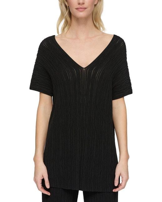 Lafayette 148 New York Black Ottoman Stitch V-Neck Silk-Blend Pullover