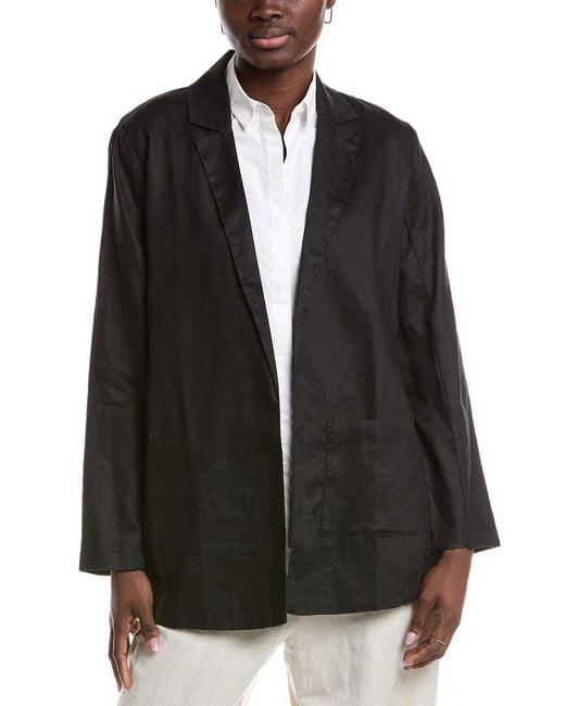 Eileen Fisher Black Notch Collar Long Linen Blazer