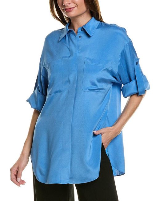Lafayette 148 New York Blue Patch Pocket Silk-blend Shirt