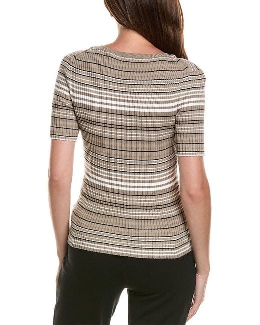 Tahari Gray Stripped Ribbed Knit T-Shirt