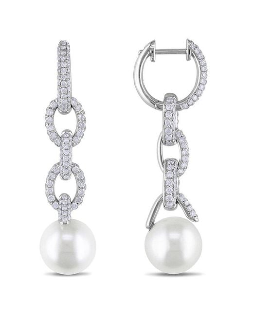 Rina Limor White 14k 1.76 Ct. Tw. Diamond 10-10.5mm Pearl Huggie Earrings