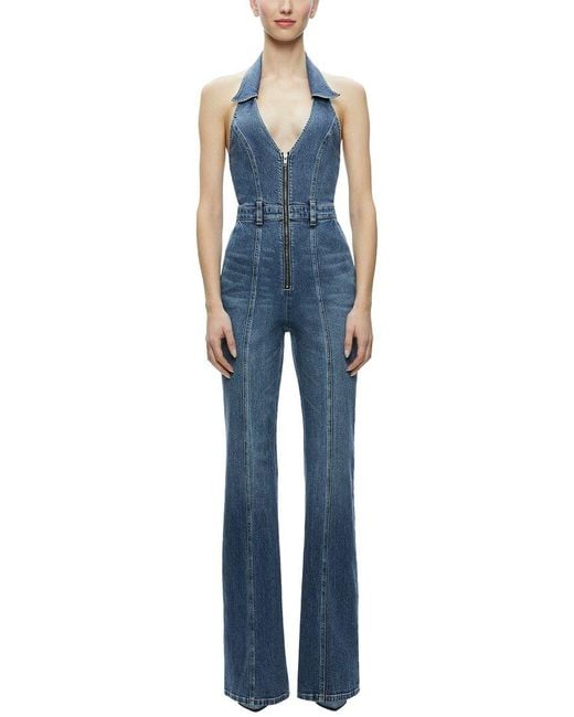 Alice + Olivia Blue Noemi Halter Neck Denim Jumpsuit