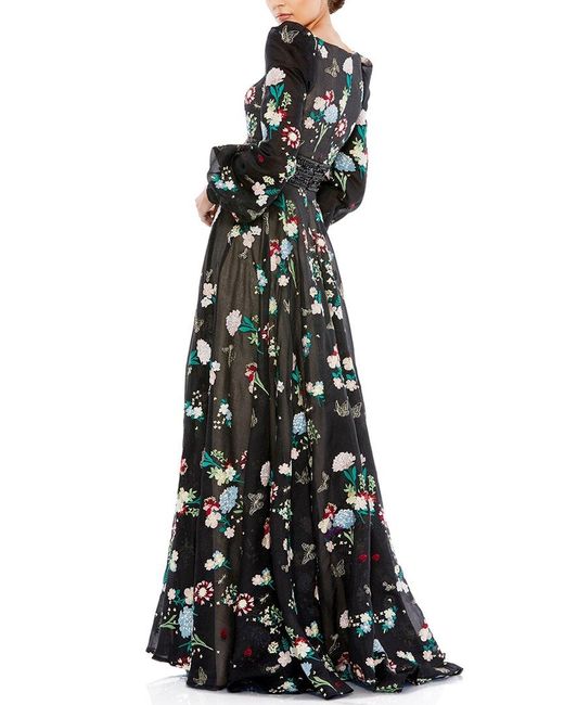 Mac Duggal Black Embroidered Bishop Sleeve Flowy A-Line Gown