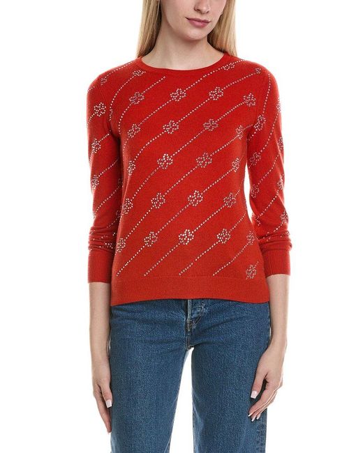Sofiacashmere Red Heatset Diagonal Floral Wool & Cashmere-Blend Sweater