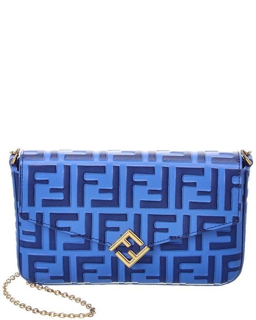 Fendi Blue Ff Diamonds Leather Wallet On Chain