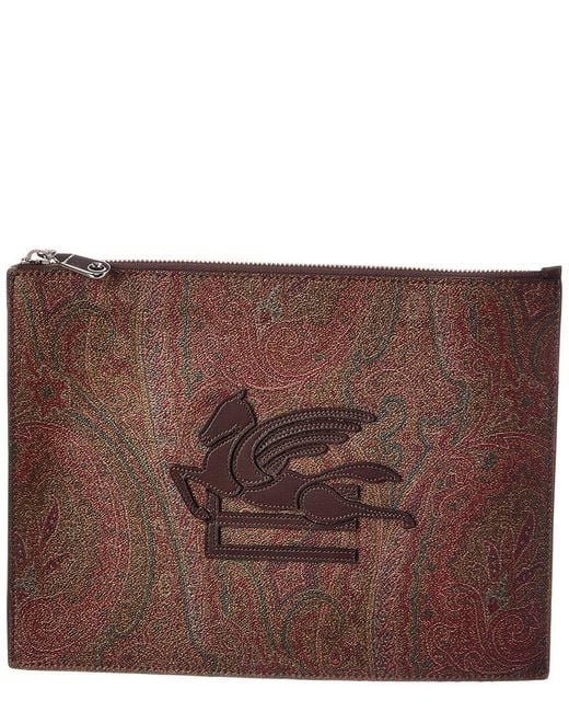 Etro Brown Coated Canvas & Leather Pouch for men