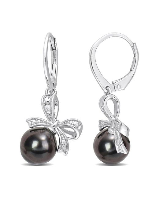 Rina Limor White Silver 0.02 Ct. Tw. Diamond 8-9mm Pearl Bow Earrings