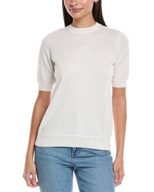 Lafayette 148 New York White Short Sleeve Wool-Blend Sweater