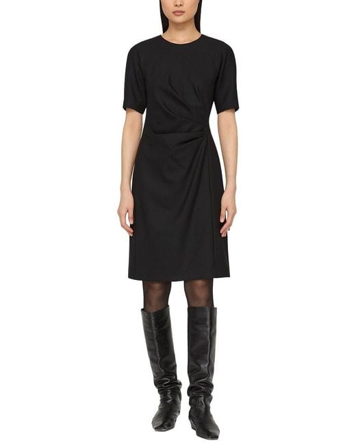 Lafayette 148 New York Black Short Sleeve Pleated Waist Wool-Blend Dress