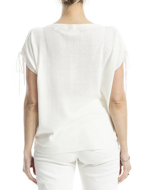 Max Studio White Drawstring Sleeve Linen-Blend Top