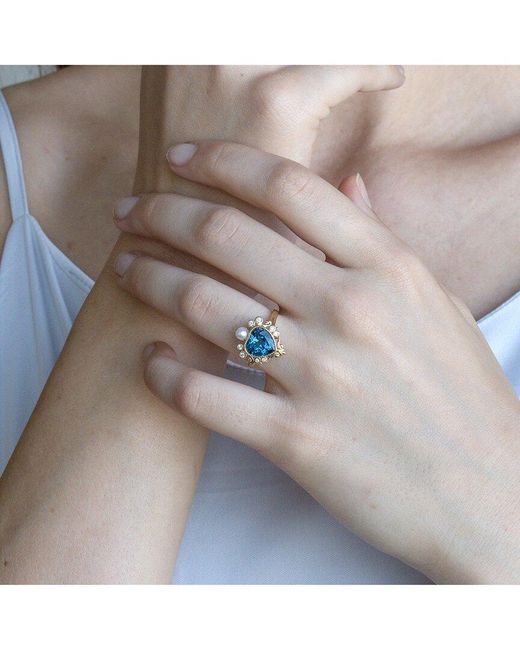 Kai Fine Jewelry Blue 14K 4.42 Ct. Tw. Diamond & London Topaz & 3-4Mm Pearl Cocktail Ring