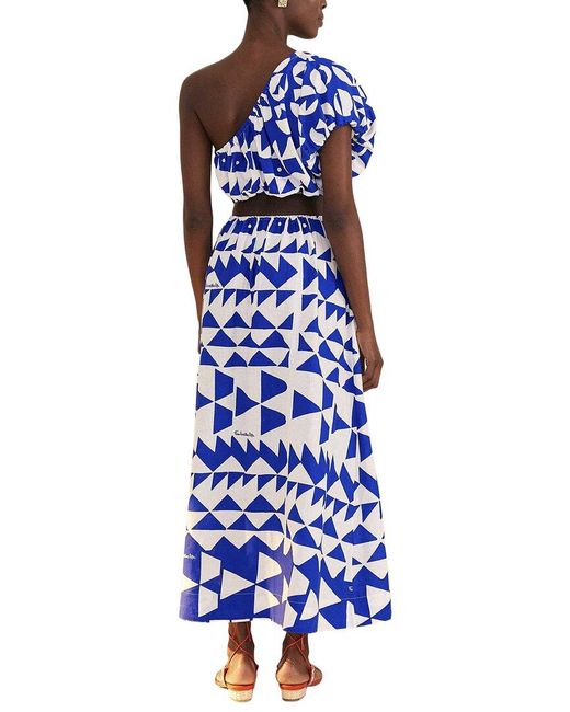 Farm Rio Blue Linen-Blend Pitta Tiles Off- One Shoulder Maxi Dress