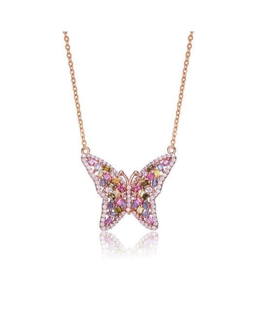 Genevive Jewelry Pink Two-tone Over Silver Cz Butterfly Necklace