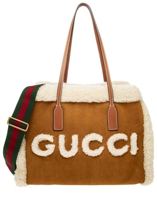 バッグ 90s GUCCI FUR LEATHER SHOULDER TOTE BAG Gucci Shearling & Leather Tote in Brown | Lyst