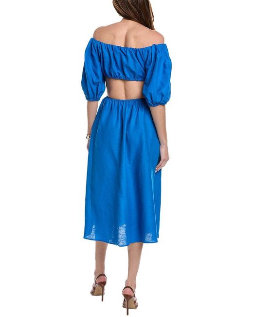Farm Rio Blue Cutout Waist Linen-blend Midi Dress