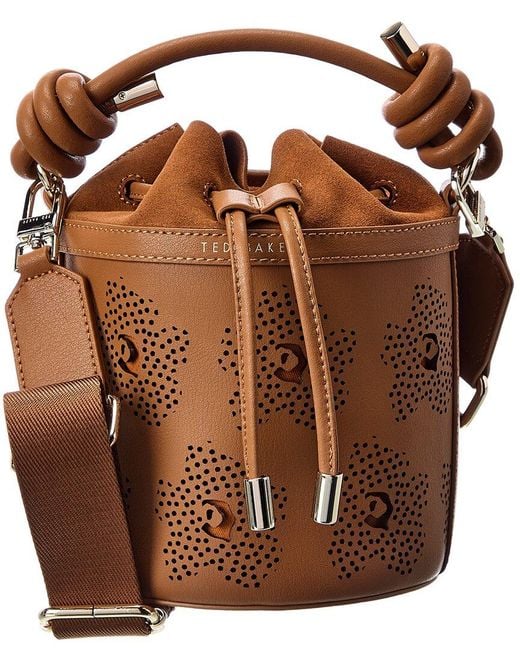 Ted Baker Tyahla Floral Laser Cut Detail Leather Bucket Bag in Brown