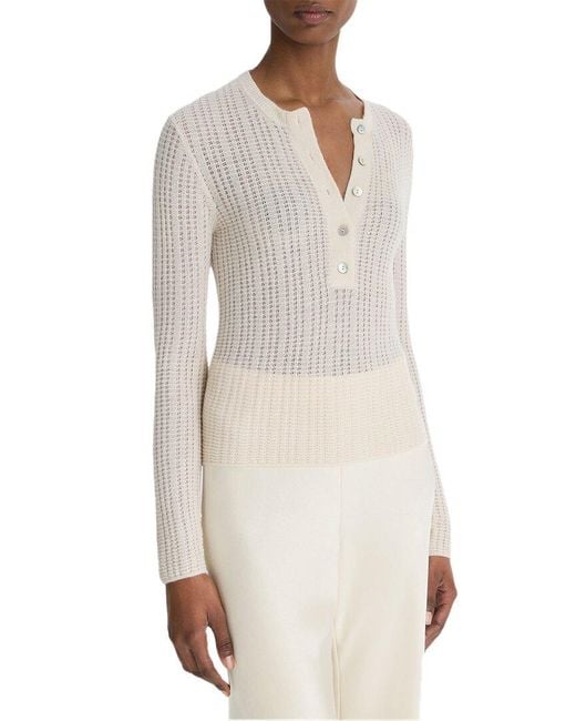 Vince White Waffle Knit Cashmere & Silk-blend Henley