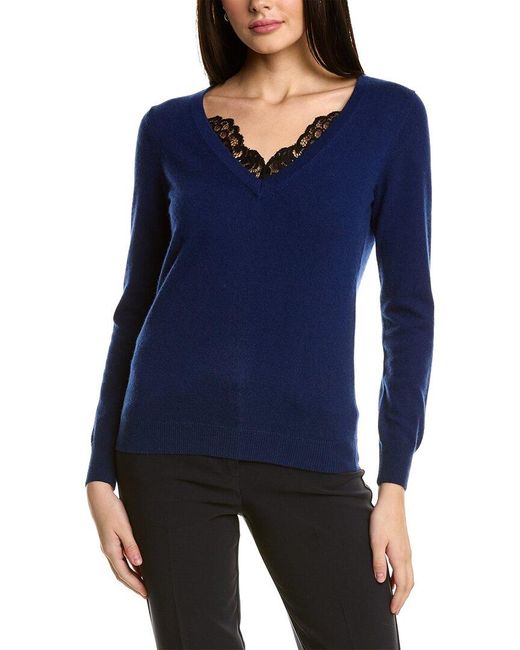 Sofiacashmere Blue Lace Trim Cashmere Sweater