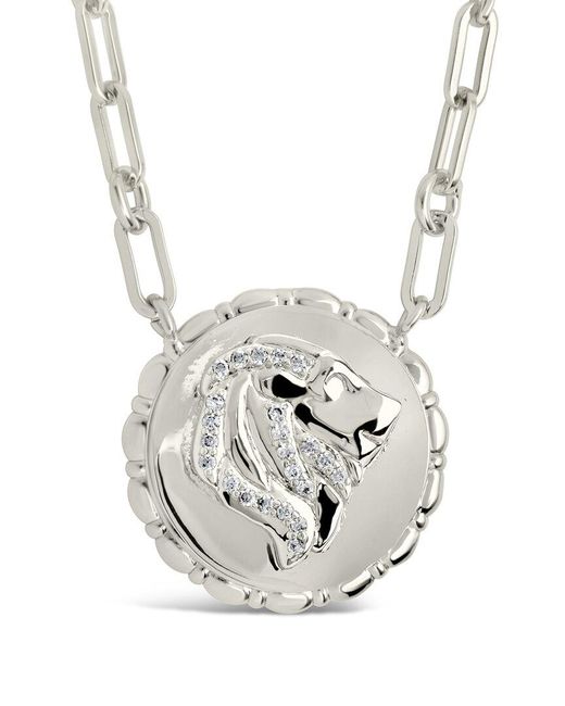 Sterling Forever White Rhodium Plated Cz Bold Link Leo Zodiac Necklace