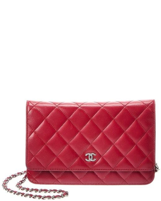 Chanel Red Chai Quilted Lambskin Leather Wallet On Chain (authentic Pre-loved)