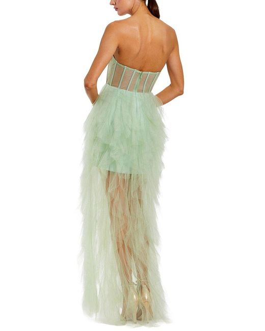 Mac Duggal Green Strapless Bustier Net Gown With Spiral Ruffles