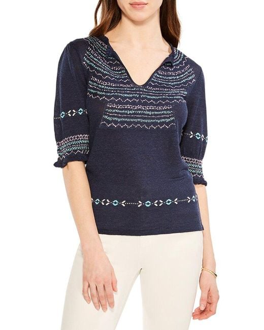 NIC+ZOE Blue Nic+zoe Intarsia Stitches Linen-blend Sweater