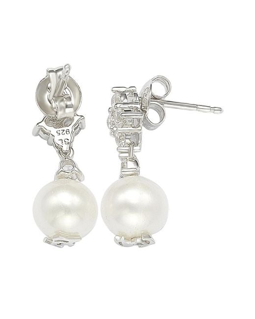 Suzy Levian White Silver 0.60 Ct. Tw. Sapphire & 8mm Pearl Drop Earrings