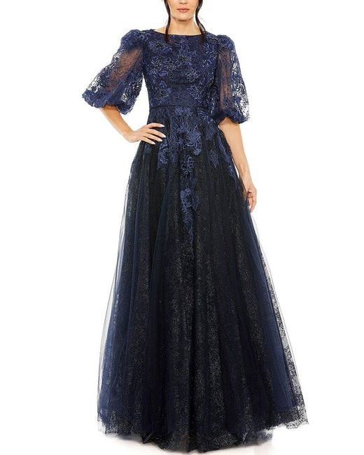 Mac Duggal Blue High-Neck Puff Sleeve A-Line Gown