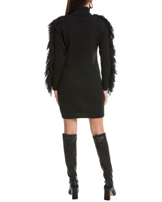 MILLY Black Rowe Fringe Sleeve Turtleneck Sweaterdress