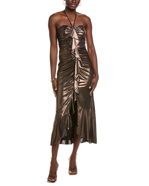 ADRIANNA EVE Brown Ruched Metallic Halter Maxi Dress