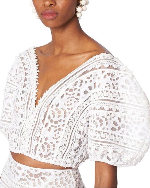 Carolina Herrera White Embroidered V-neck Shirred Puff Sleeve Top