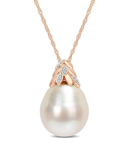 Rina Limor White Contemporary Pearls 14k Rose Gold Diamond 14-14.5mm Pearl Pendant Necklace