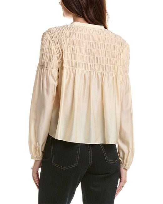 FRAME Natural Frame Smocked Collarless Silk-blend Blouse