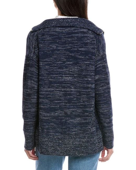 Lafayette 148 New York Blue Zip Front Relaxed Wool, Silk, & Linen-Blend Cardigan