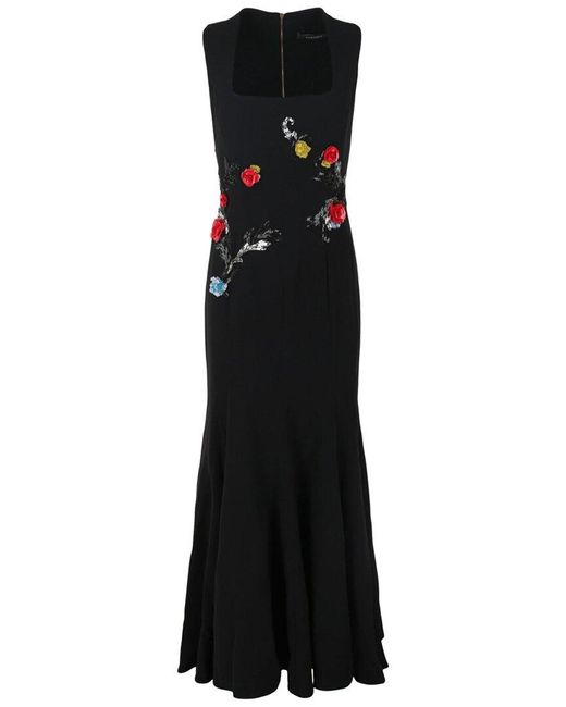 Versace Black Sleeveless Embroidered Rose Silk Gown