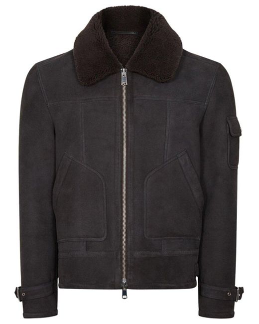 Reiss Black York Suede Shearling Leather Jacket for men