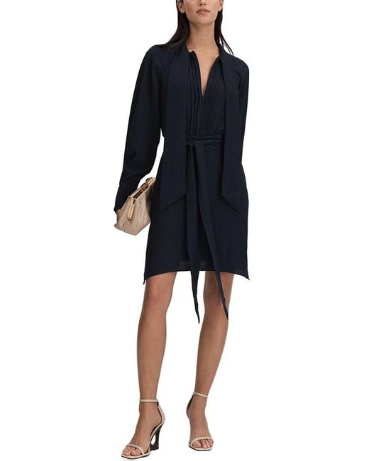 Reiss Blue Ellie Plain Belted Flippy Dress