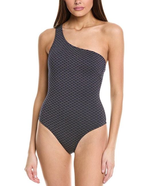 MILLY Blue Textured Waves One-Shoulder One-Piece
