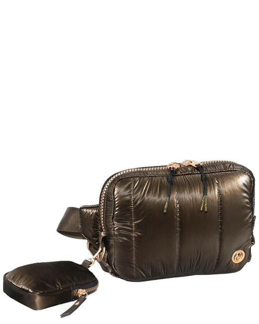 Joan & David Brown Metallic Tubular Quilted Nylon Passport Sling Bag