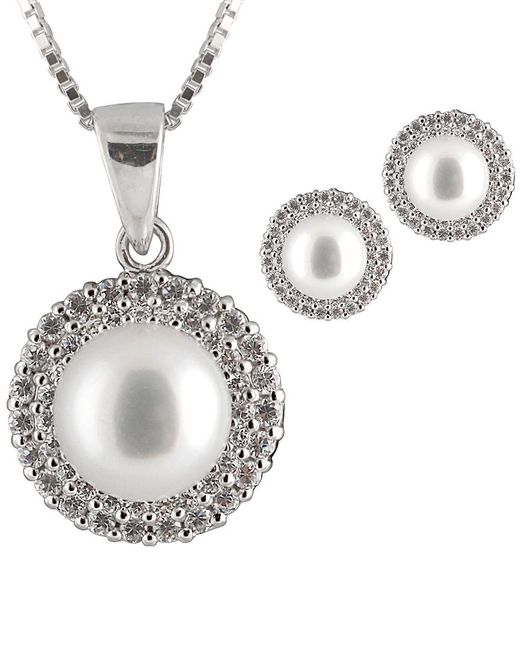 Splendid Metallic Silver 9-9.5mm Freshwater Pearl & Cz Drop Earrings & Necklace Set for men