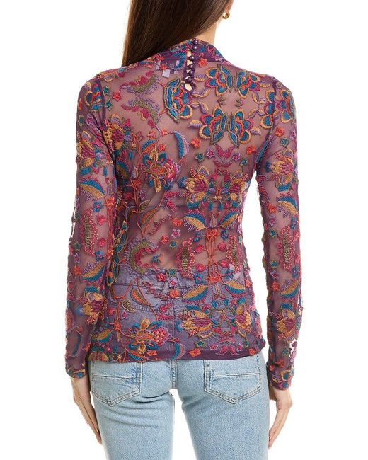 Johnny Was Purple Rebecca Mesh Mock Neck T-Shirt