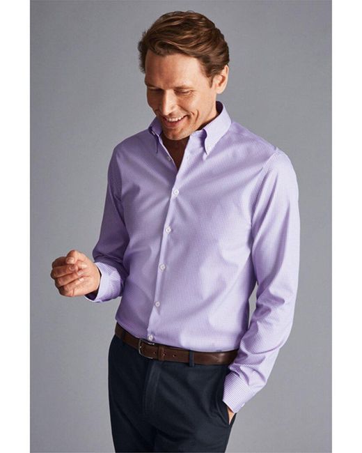 Charles Tyrwhitt Purple Non-iron Button Down Check Slim Fit Shirt for men