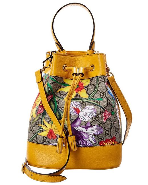 Gucci Yellow Ophidia Mini GG Supreme Canvas & Leather Bucket Bag