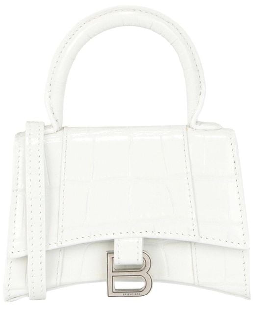Balenciaga White Hourglass Xs Crocodile Embossed Leather Top Handle Bag