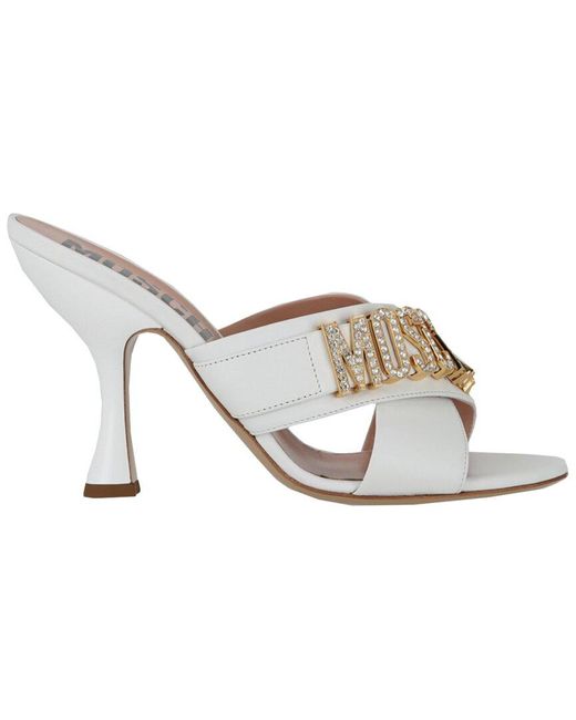 Moschino White Crystal Logo Leather Mule