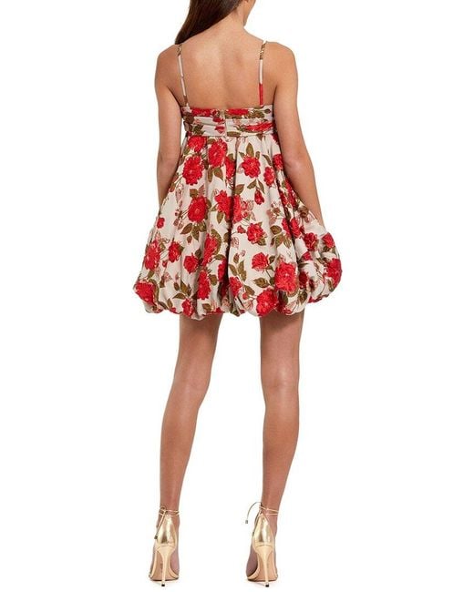 Mac Duggal Red Brocade Thin Strap Puff Mini Dress With Bow