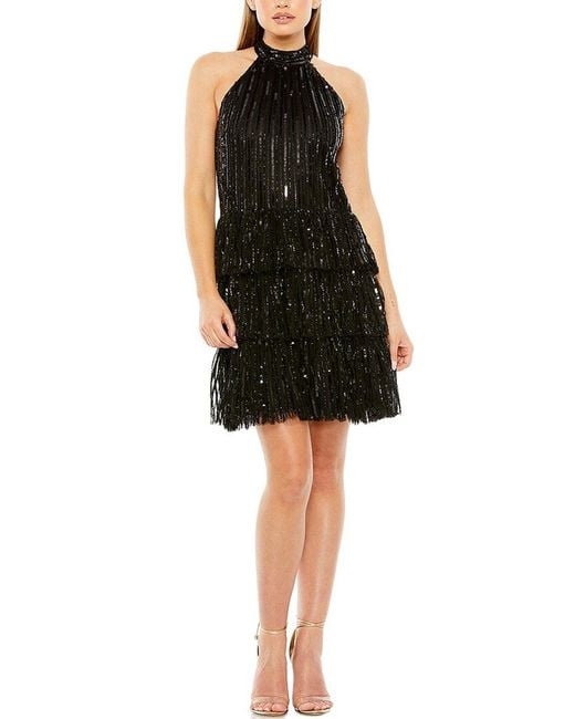 Mac Duggal Black High-Neck A-Line Ruffle Sequin Mini Dress